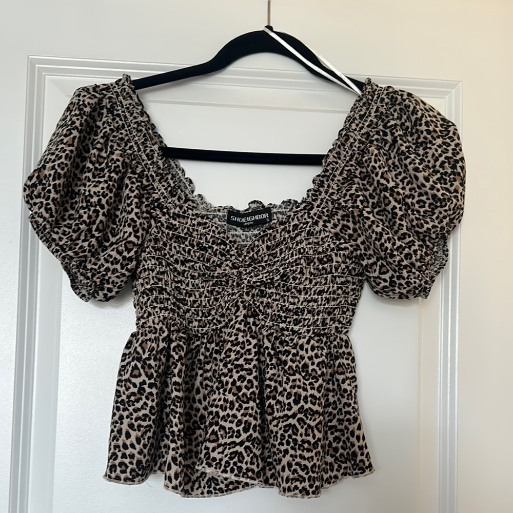 Smocked Leopard Print Blouse with Puff Sleeves
